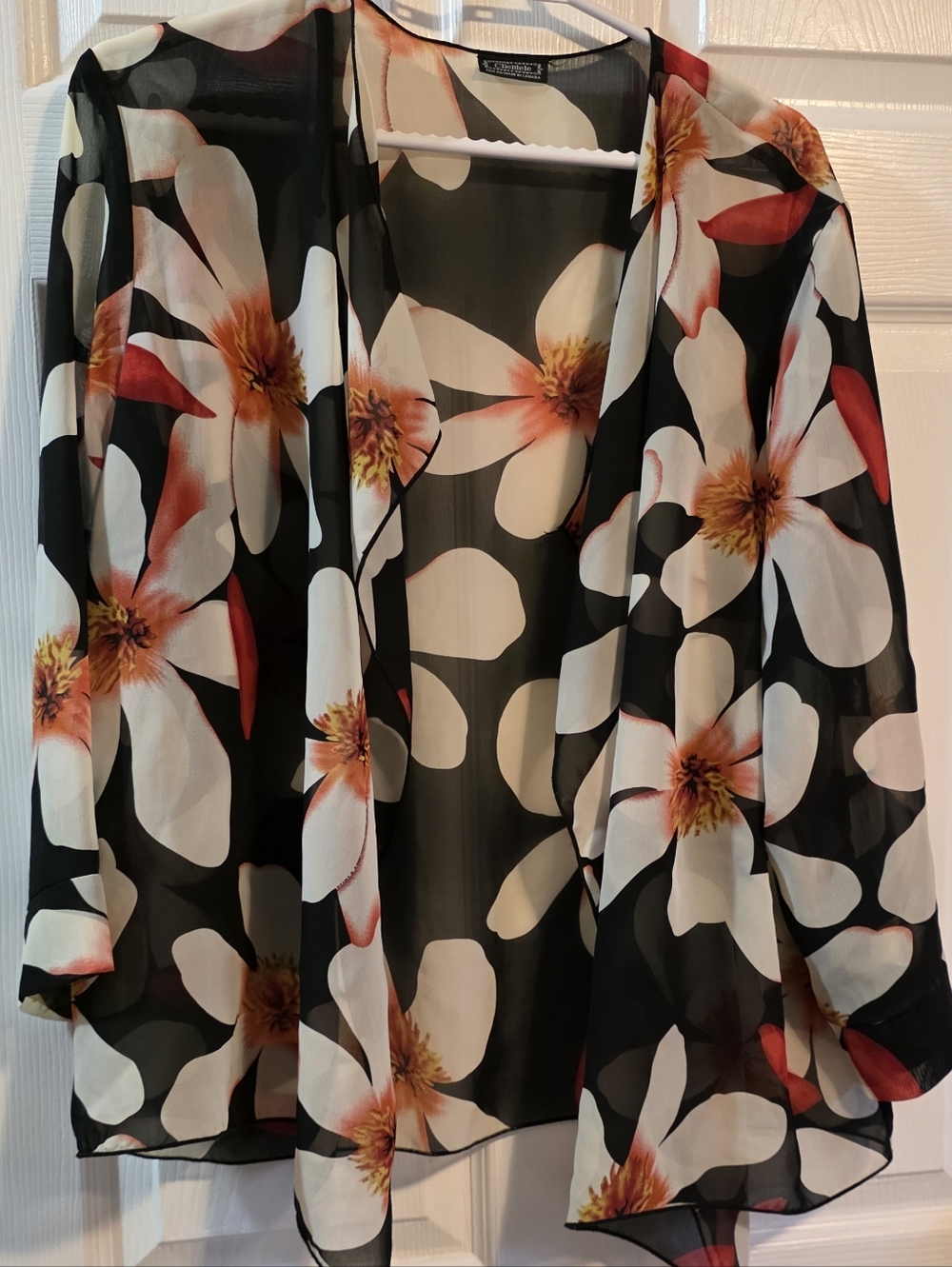 Clientele Sheer Black Floral Kimono Blouse with White & Coral Blooms